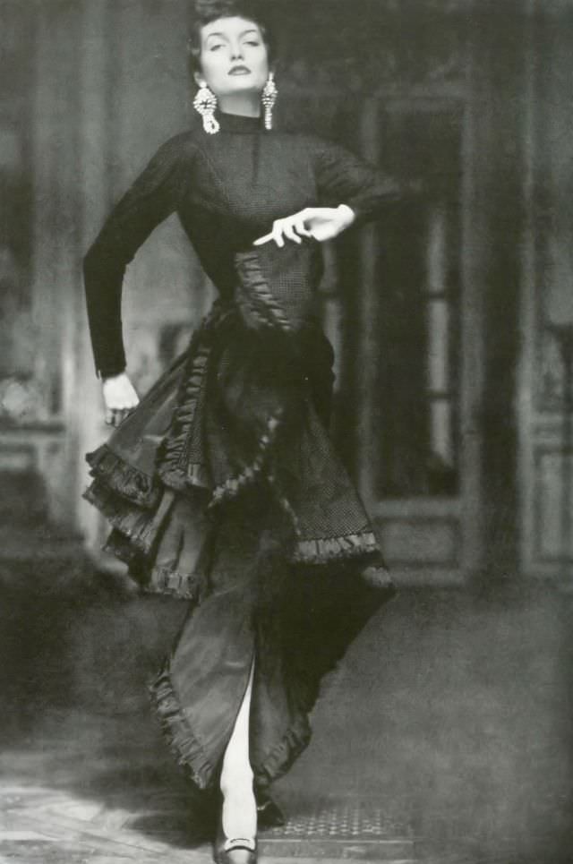 #10 Maxime de la Falaise in check taffeta dress with ruffled skirt by Paquin, 1949.