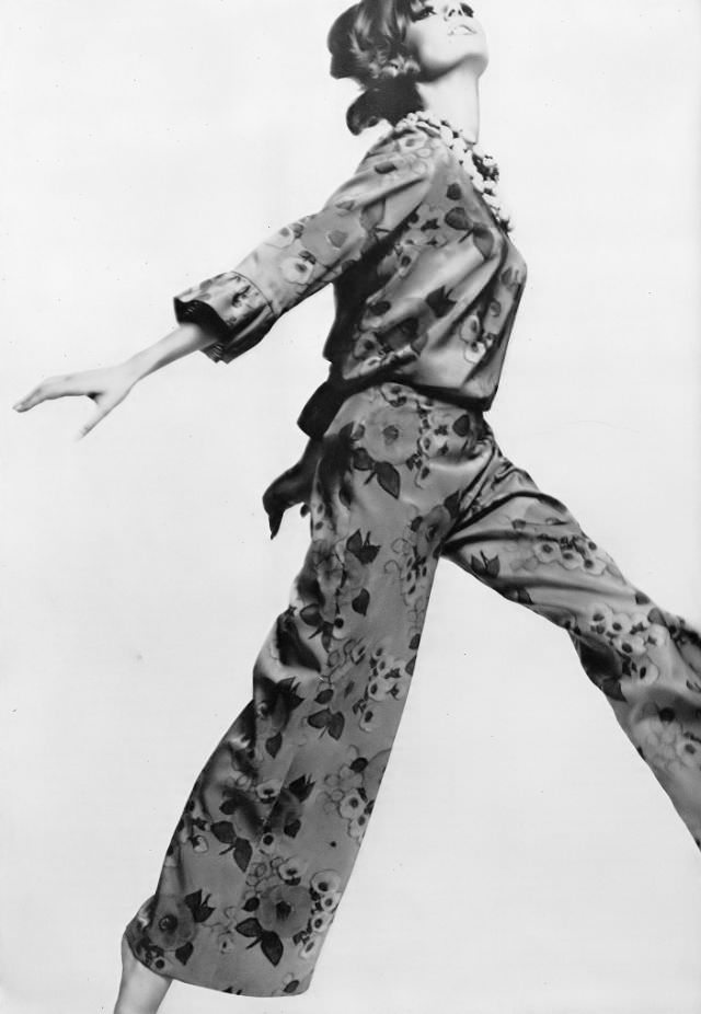 #15 Nicole de la Marge in Sea-Blue and Pink Floral Organza Outfit by Graham Price, 1965