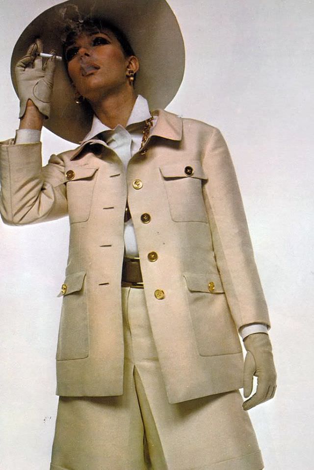 #25 Nicole de la Marge in Silk Pongee Safari Suit by Nina Ricci, 1967