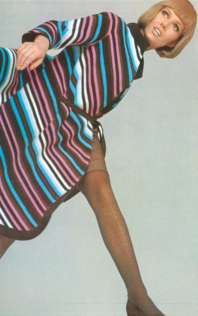 #26 Nicole de la Marge in Striped Poncho-Like Coat by Pierre Cardin, 1967