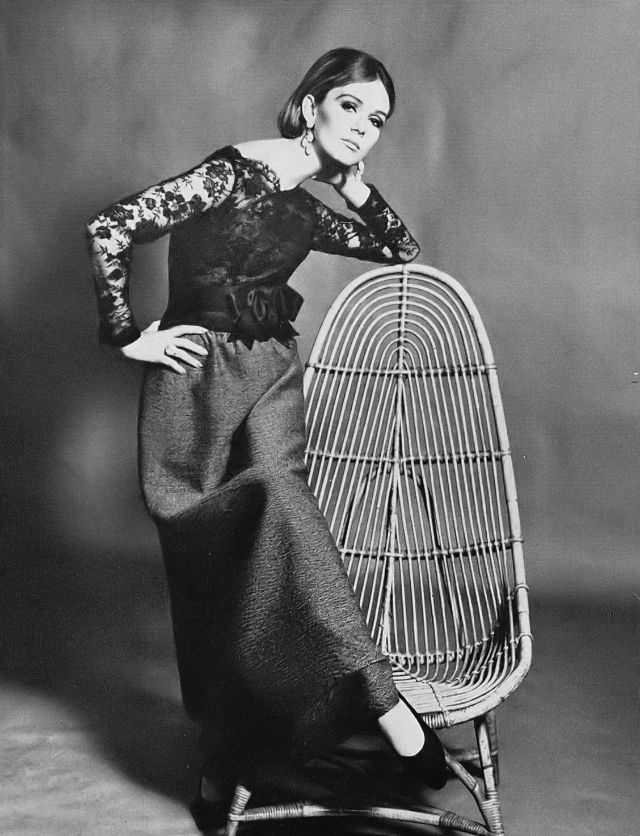 #4 Nicole de la Marge in Black Lace Top and Purple Tweed Skirt by Susan Small, 1964