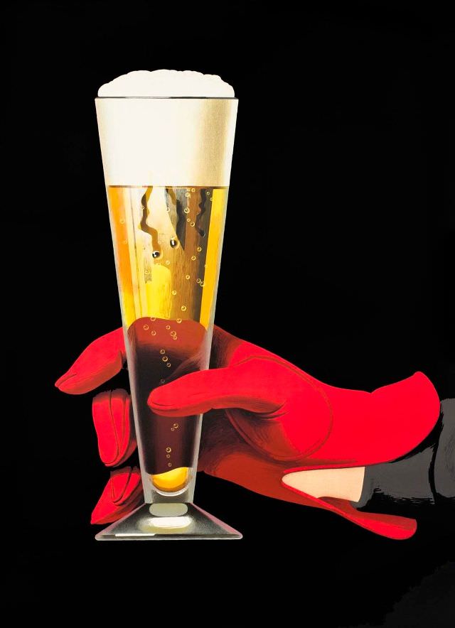 #23 Bier (red gloved hand). Advertising poster for the Swiss Brewery Association, 1957