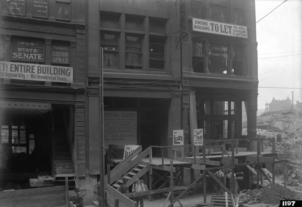 #83 Maeder, Leader, Witherow Buildings, “To Let” signs due to construction, 1912
