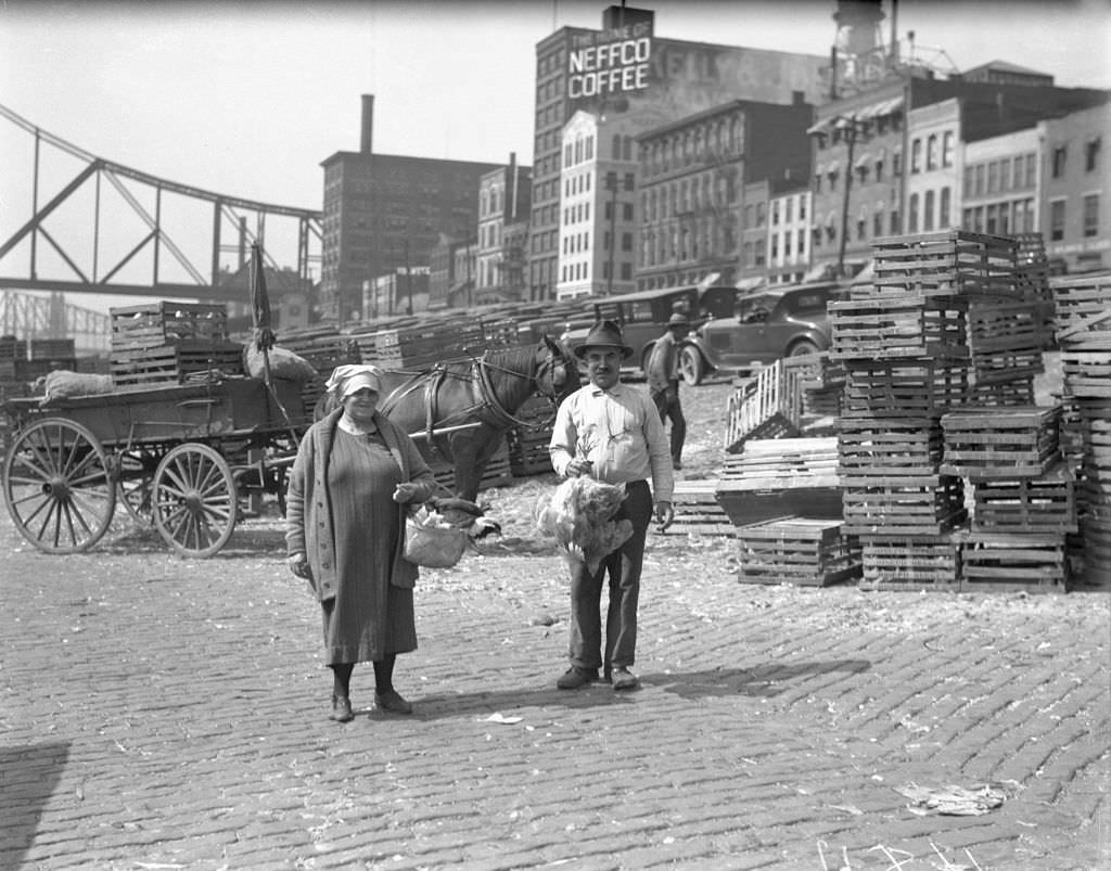 #10 Man and Woman Holding Chickens at Monongahela Wharf, 1929.