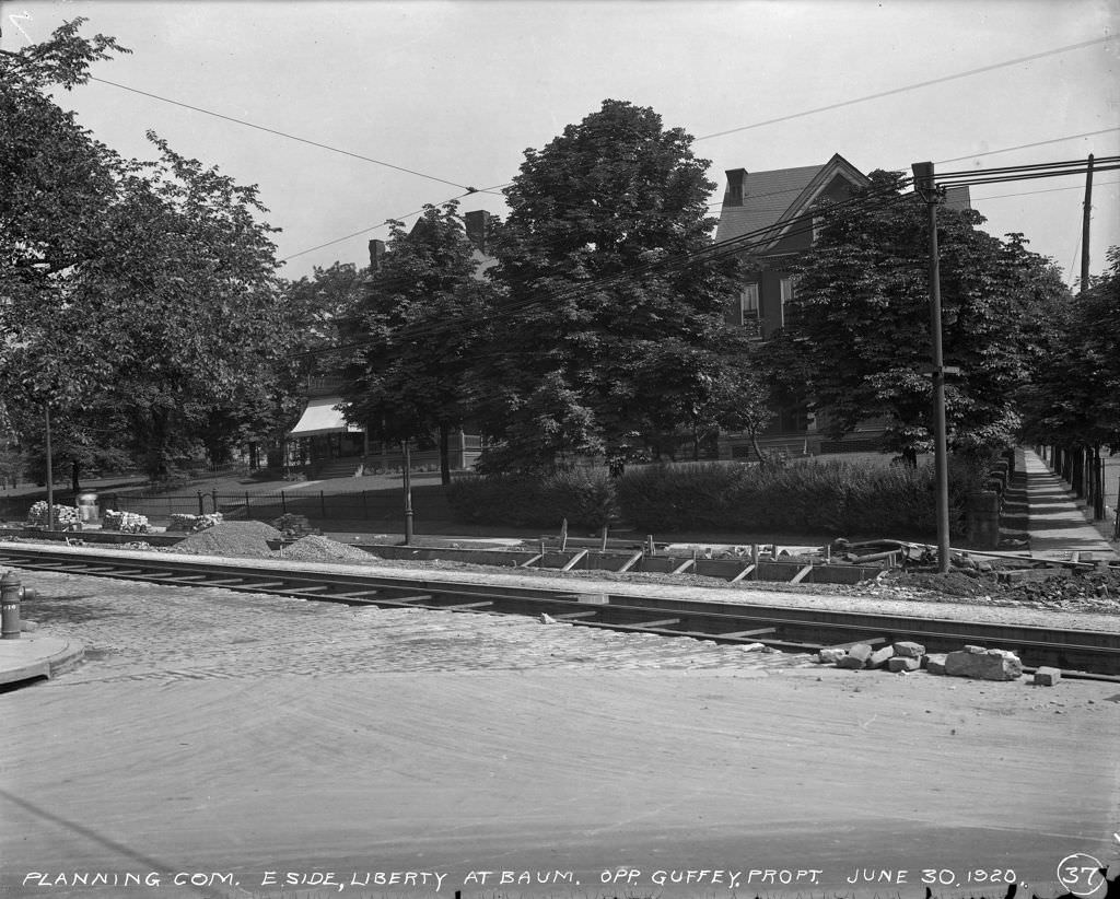 #3 East side of Liberty Avenue showing streetcar track construction, 1920.