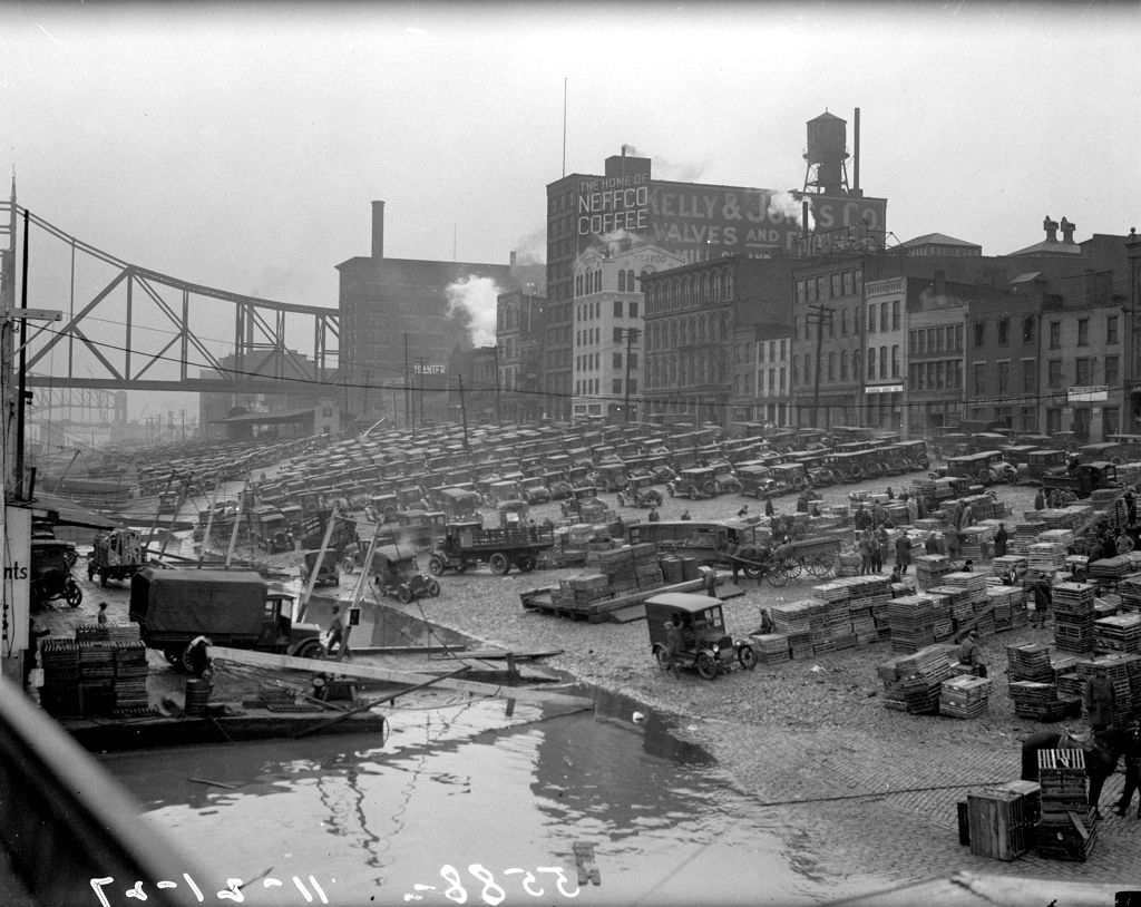 #77 Store fronts near Monongahela Wharf on Water Street, 1927.