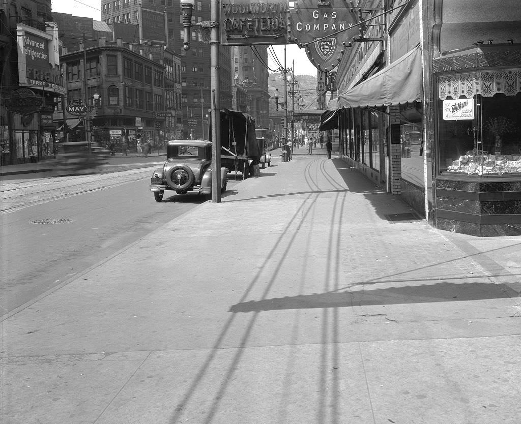 #165 Liberty Avenue, From 615 Liberty looking west at Woolworth and Rosenbaum’s, 1931.