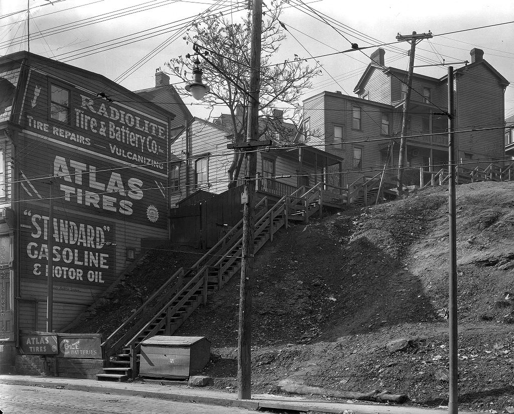 #77 Emerald Street Steps from Arlington Avenue with old advertisements, 1933