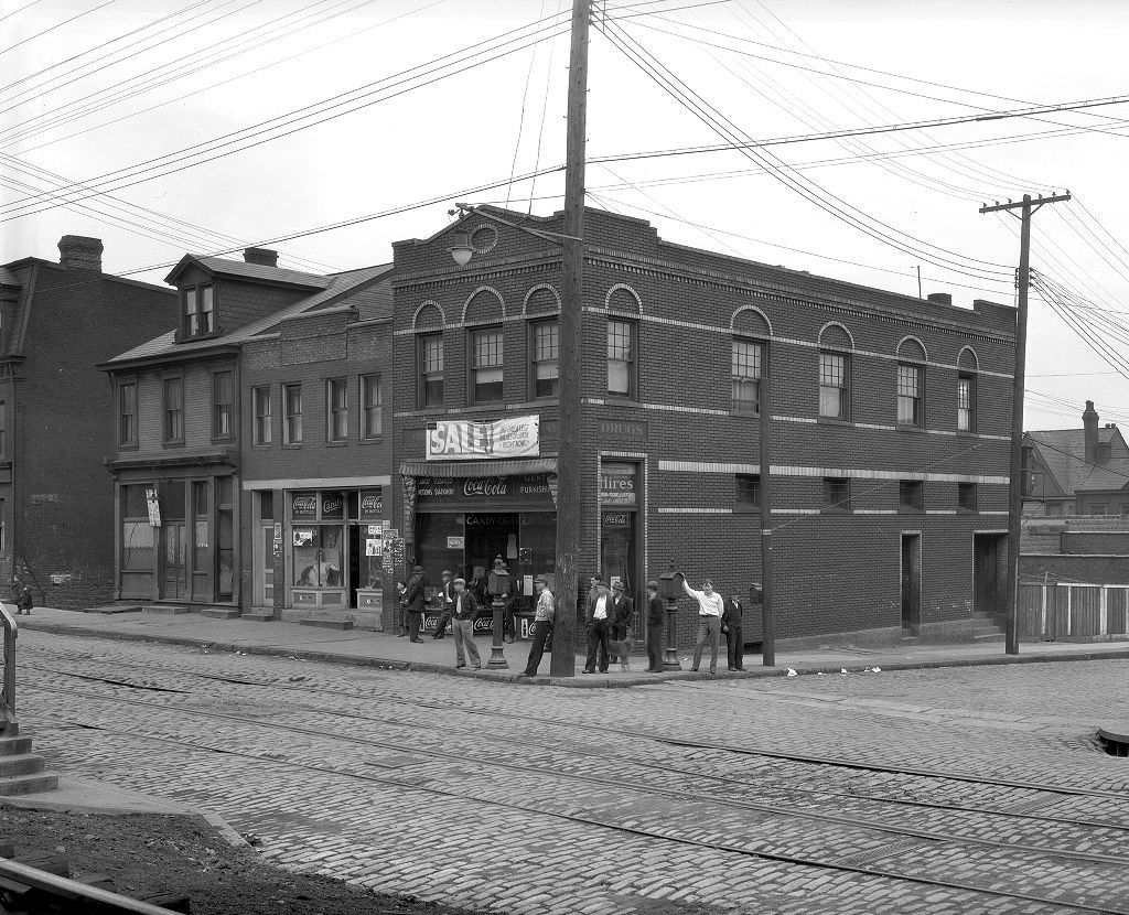 #83 Pedestrians near corner store on Second Avenue, 1933