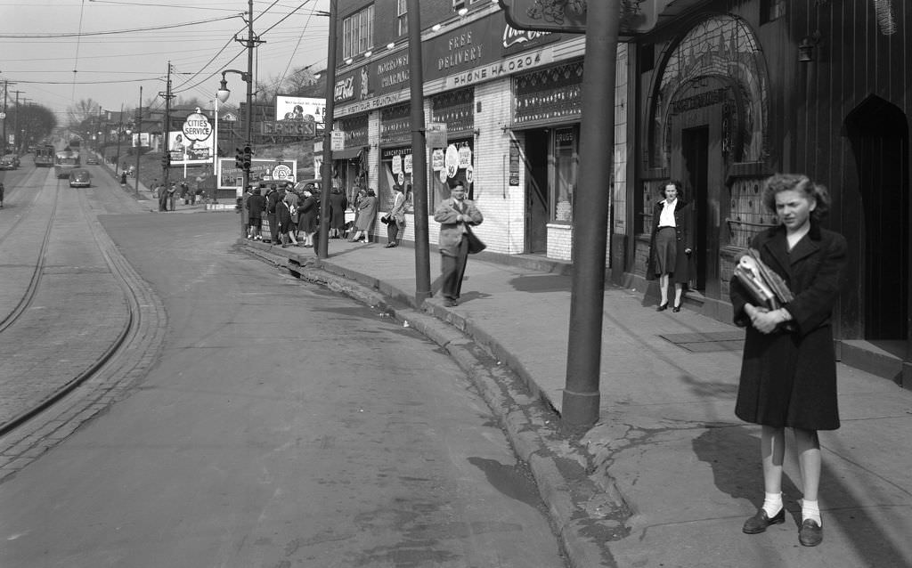 #85 Intersection of Murray and Forward Avenues showing Morrowfield Pharmacy, 1945.