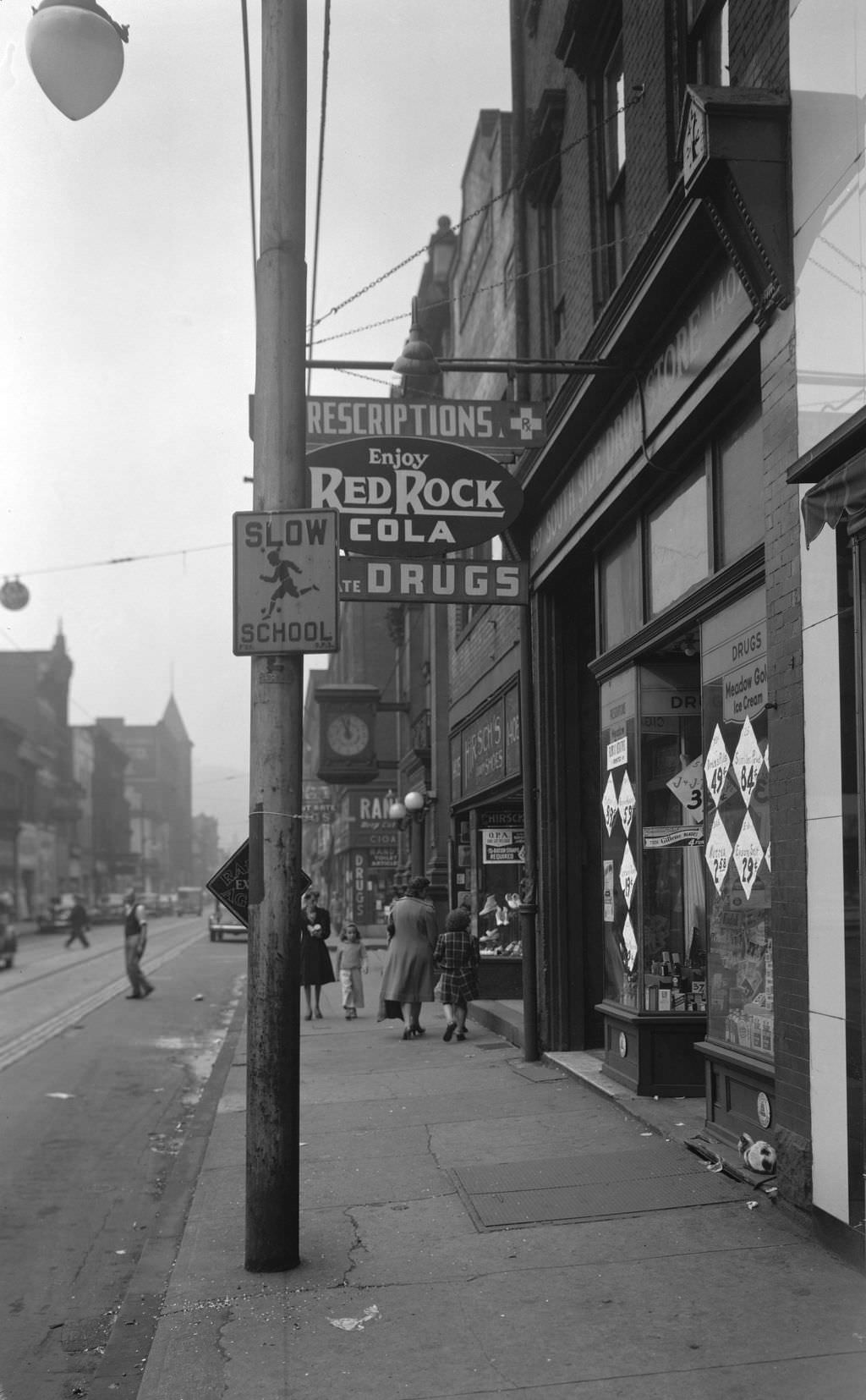 #56 Sidewalk in Front of Bromier’s Candy Shop, 1945