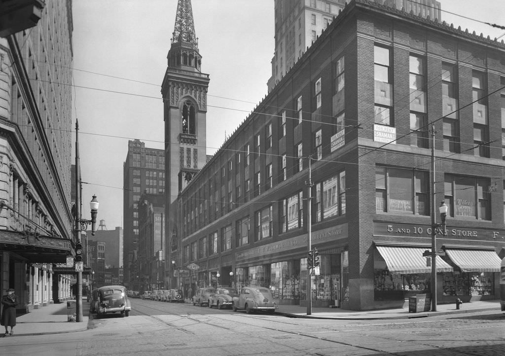 #26 A view of Smithfield Street businesses, including Woolworth’s, looking northeast, 1941
