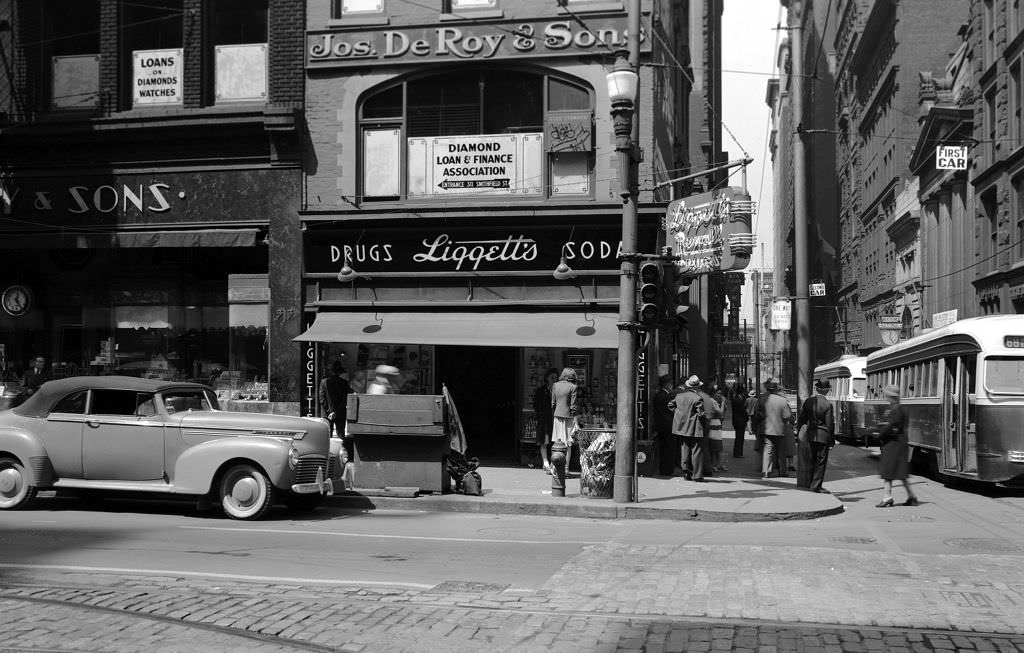 #71 1082 Fourth Avenue and Smithfield Street looking west from southeast corner showing Liggett’s Rexall Drugs, 1942