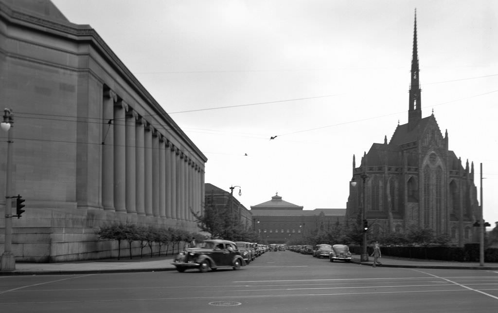 #81 Bellefield Avenue showcasing Carnegie Institute and Heinz Chapel, 1944.