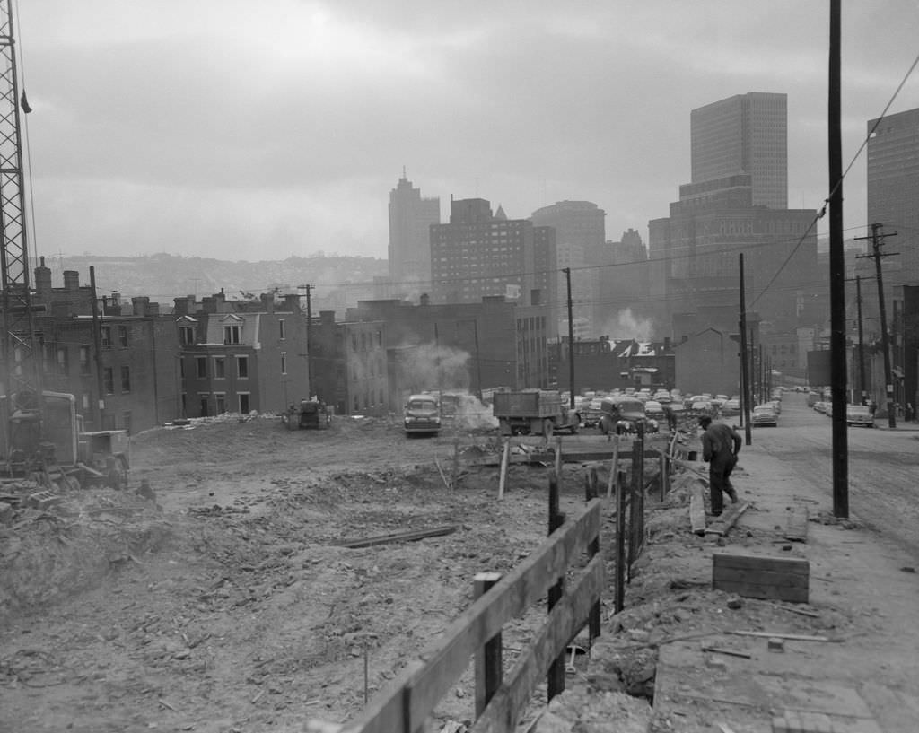#104 Lower Hill District construction zone, 1957