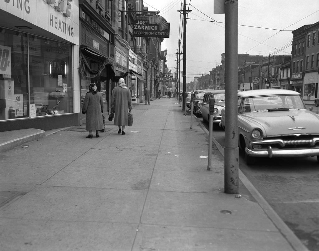 #123 Local businesses on the 1700 block of East Carson Street including Joe Zarnich Accordion Center, 1957