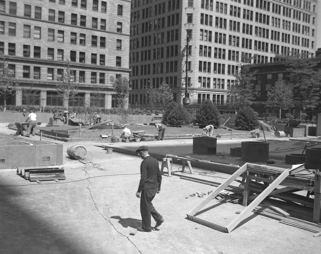 #127 Mellon Square Park construction featuring Gimbels Department Store, 1955