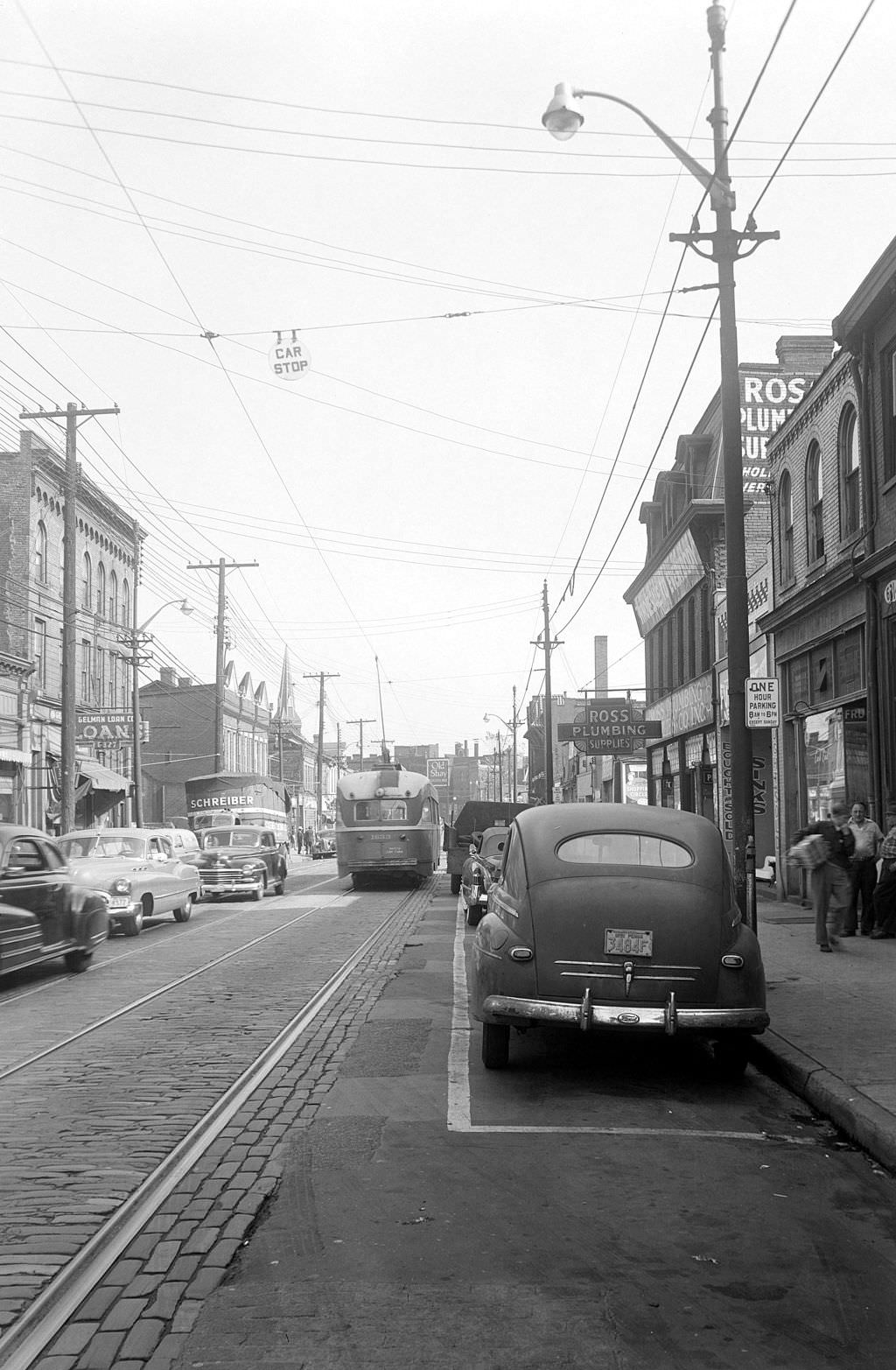 #45 Frankstown Avenue Streetcar Stop and Businesses, 1951