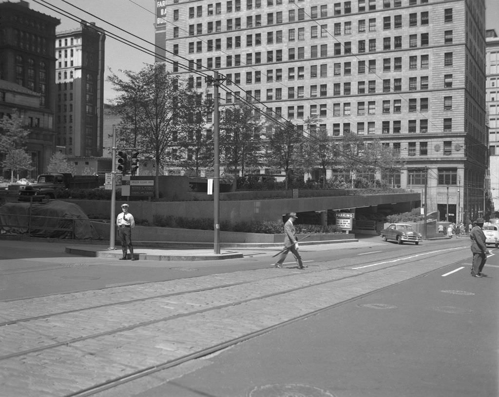 #71 Mellon Square Park under construction, designed by Mitchell and Ritchey, 1955.