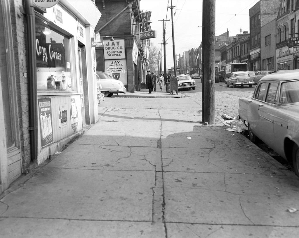 #75 Cozy Corner at 1719 Centre Avenue near Jay’s Drug Company, 1956.