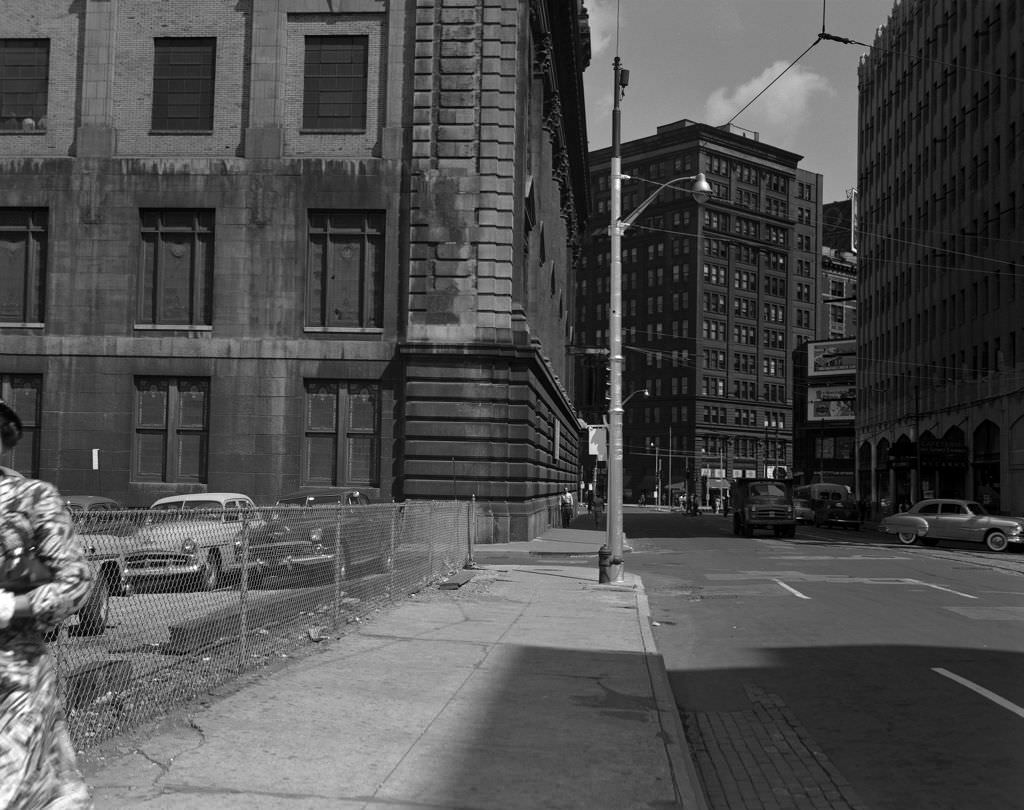 #76 Ferry Street looking east to McCann’s Cafeteria, 1952.