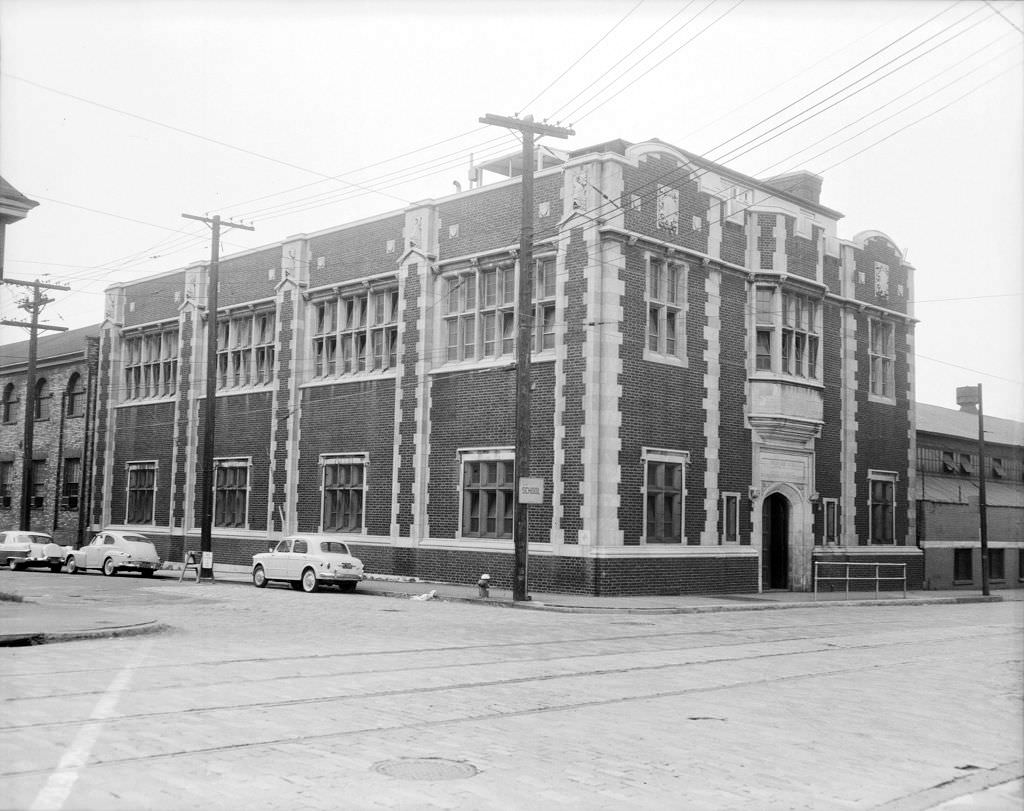 #99 Exterior of Oliver Bath House, an indoor swimming pool in the South Side, 1961.