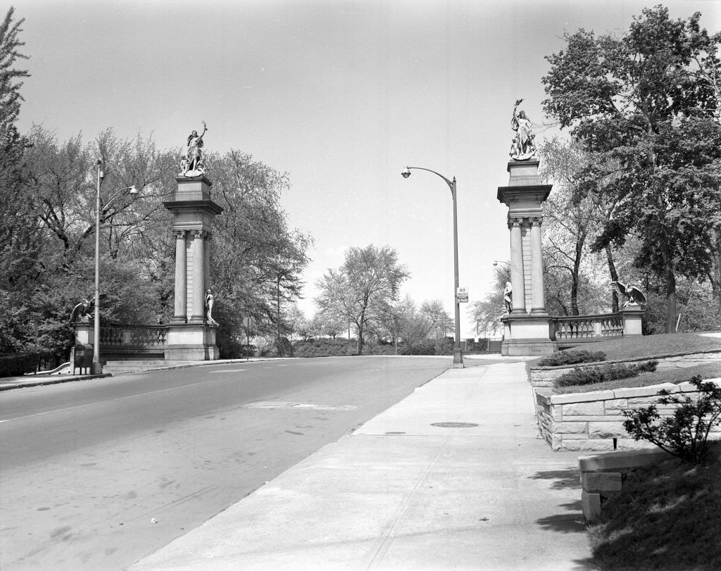 #114 Highland Park main entrance, gates described as copies of the “Gates of Munich”, 1960.