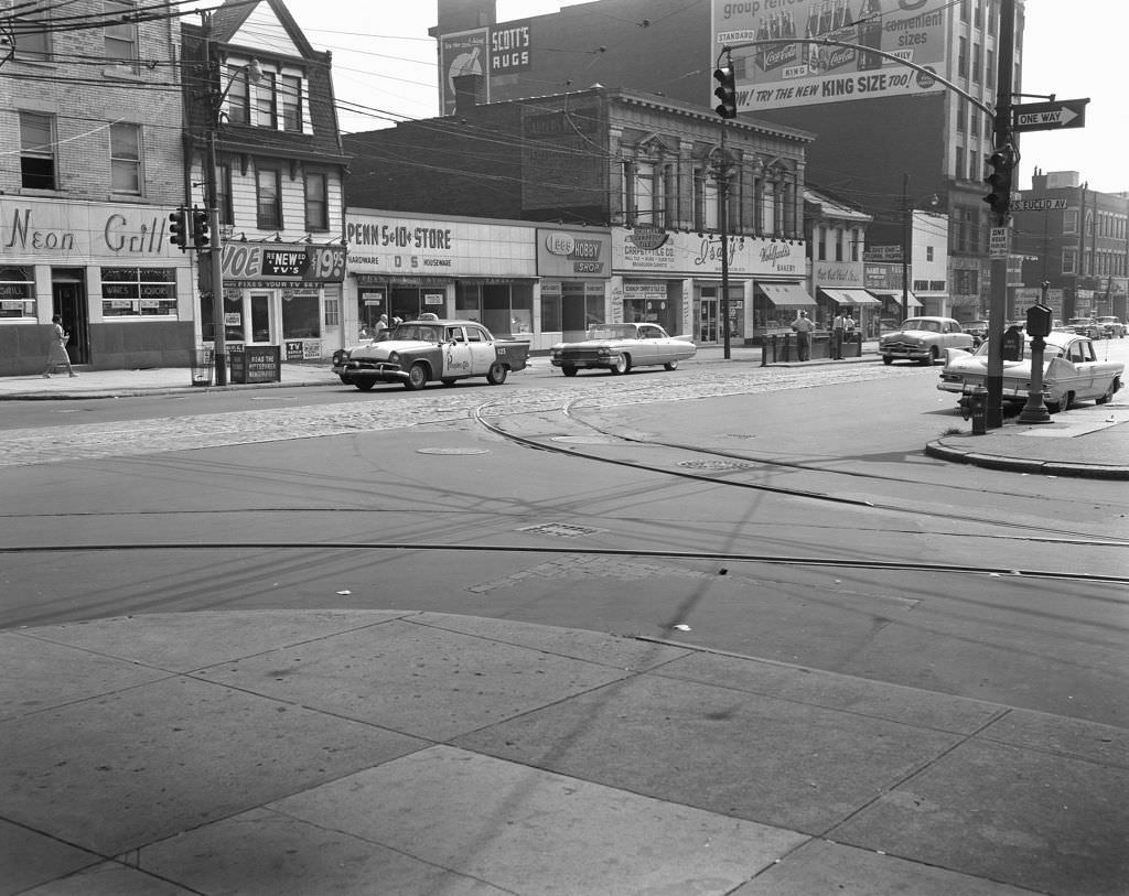 #116 Penn and South Euclid Avenues, features Neon Grill and the Penn 5 and 10, 1960.