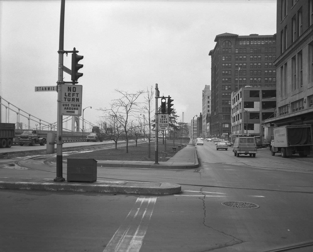 #13 Downtown Pittsburgh: Fort Duquesne Boulevard at Stanwix Street, looking east, 1966.