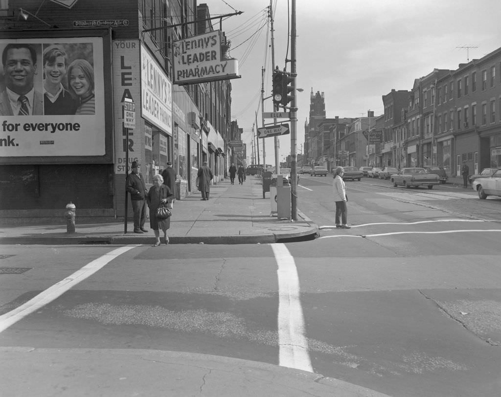 #34 Liberty Avenue: Bloomfield businesses like Lenny’s Leader Pharmacy and St. Joseph’s Church, 1969.