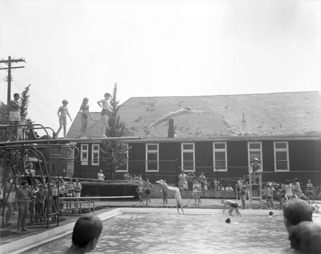 #41 Children at Bloomfield Pool: lifeguard on watch, 1969.