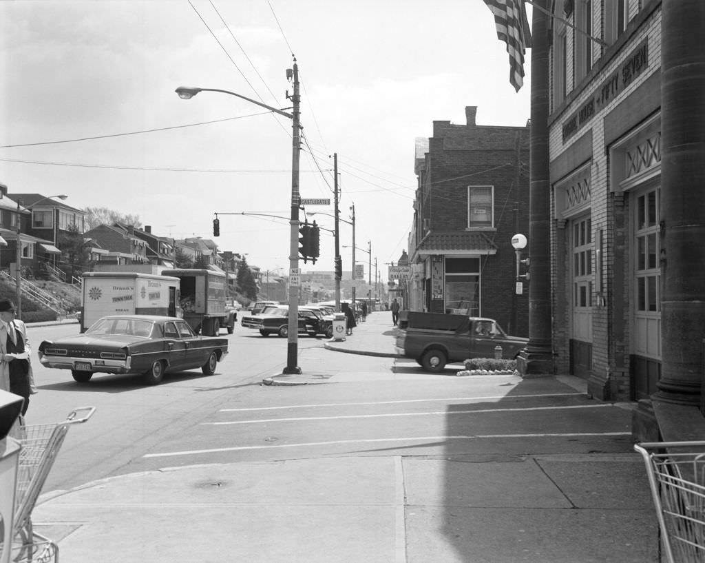 #45 Brookline Boulevard and Castlegate Avenue: Engine House Fifty-Seven in foreground, 1967.