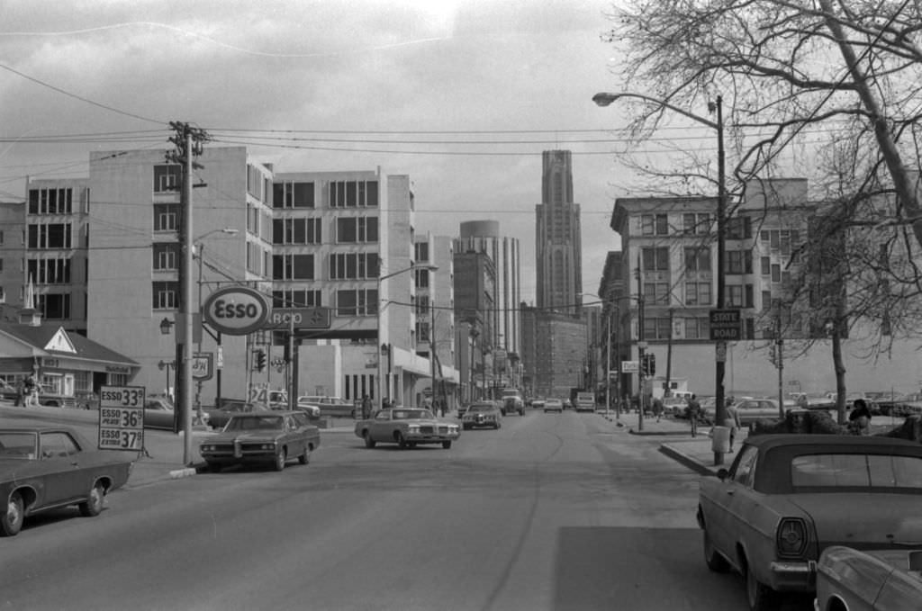 #33 Forbes Avenue meets McKee Place, includes view of University of Pittsburgh’s landmarks, 1972.