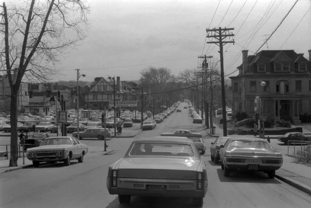 #109 Pedestrians and traffic on McKee Place, looking towards Forbes Avenue, 1972.