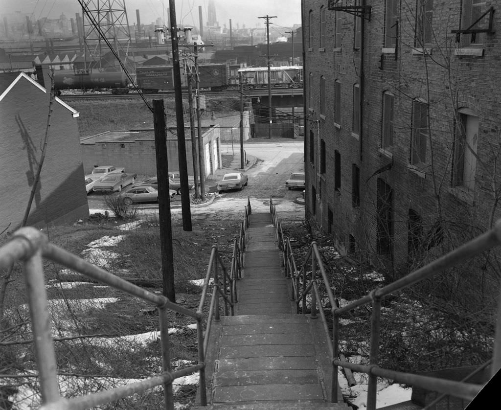 #111 South 30th Street Steps viewed from Mary Street towards Harcum Way, 1971.