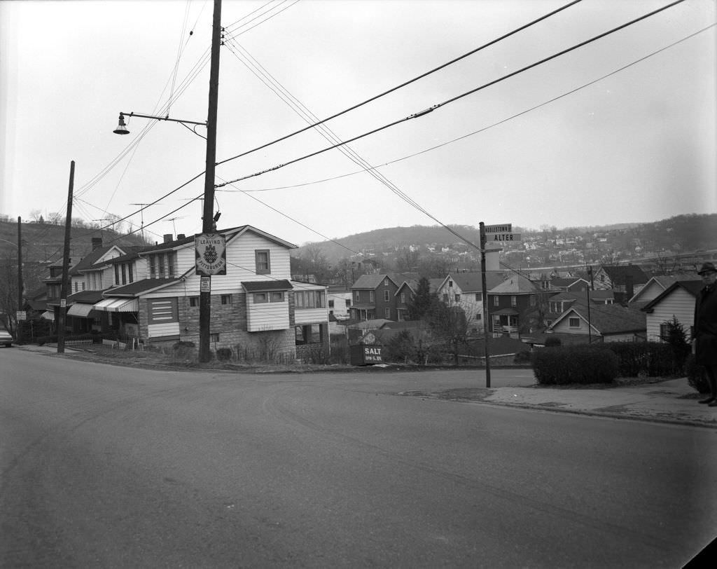 #112 Noblestown Road meets Alter Street, sign marking Pittsburgh city limits, 1971.