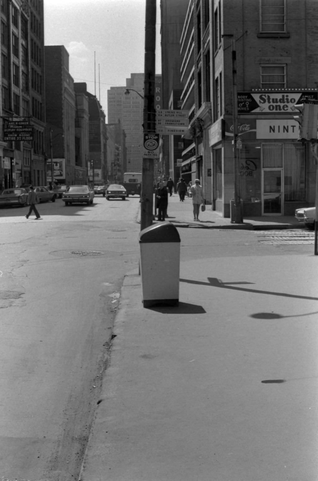 #116 Penn Avenue meets 9th Street, view of pedestrians and businesses, 1972.