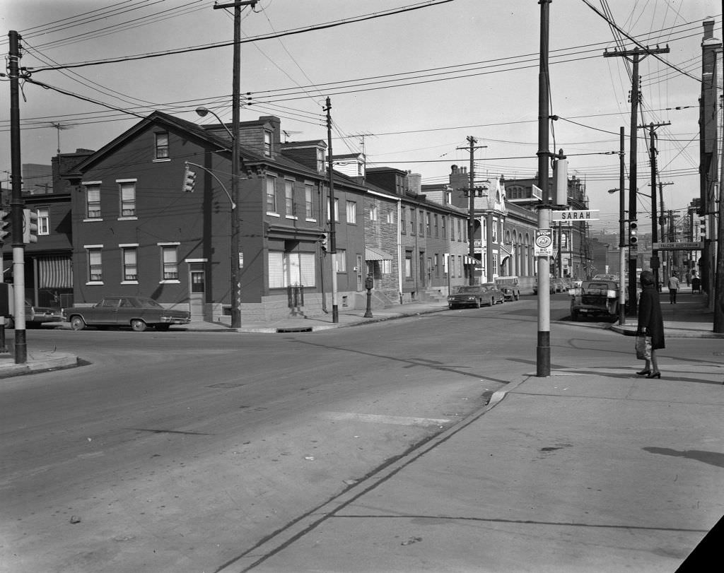 #113 South 18th Street and Sarah Street intersection viewed from South 18th Street, 1971.