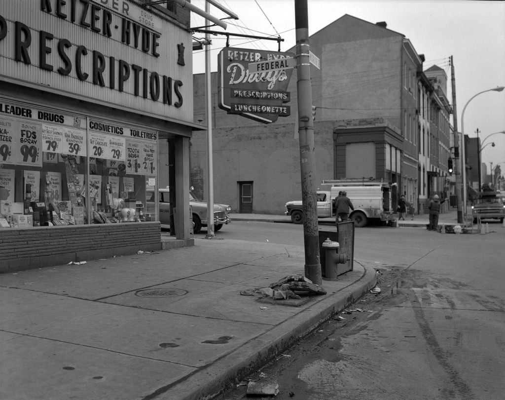 #66 West North Avenue and Federal Street featuring Retzer-Hyde Drugs, 1971