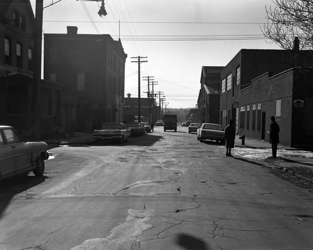 #67 Sterrett Street at Forest Way looking southwest, 1970