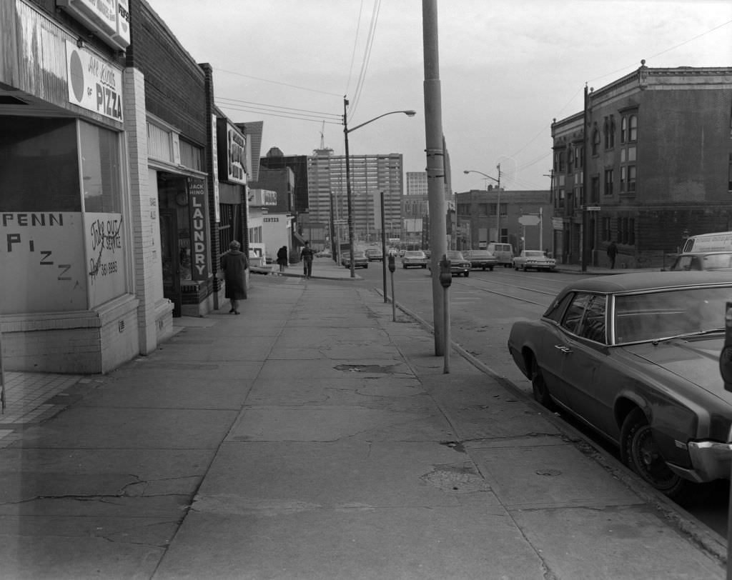 #75 Penn Avenue with “Penn Pizza” and “Jack King Laundry,” 1970