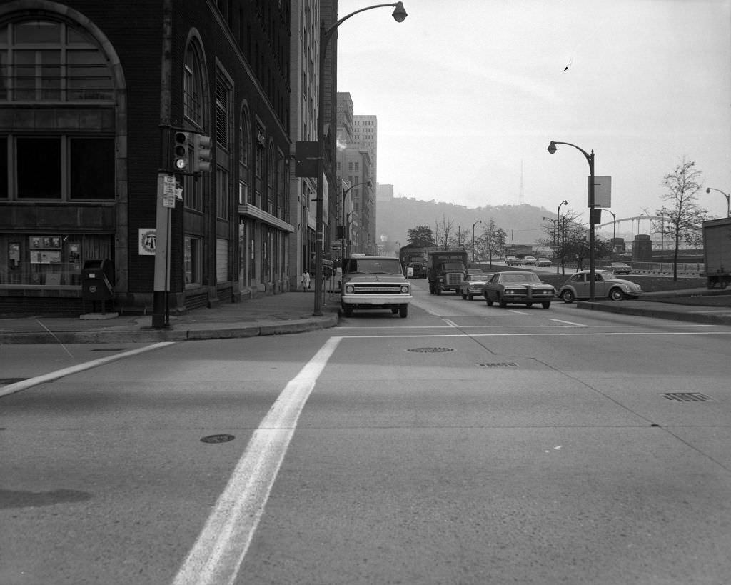 #80 View of Fort Duquesne Bridge from 7th Street intersection, 1970.