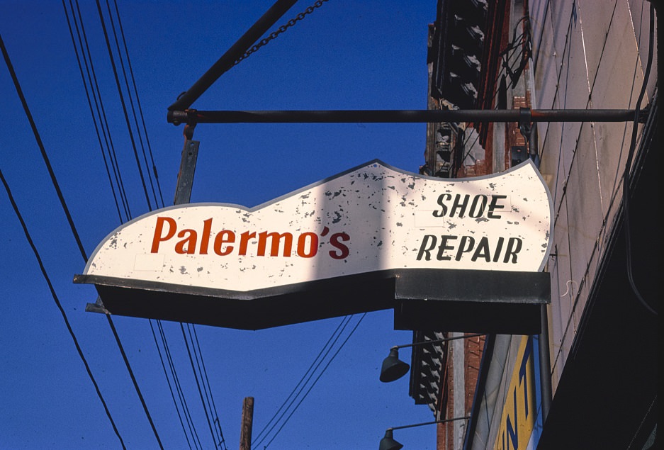 #36 Palermo’s Shoe Repair sign on Butler Street, Pittsburgh, Pennsylvania, 1989.