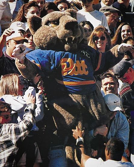 #13 Roc the Panther hyping up the student section at Pitt Stadium in 1995.
