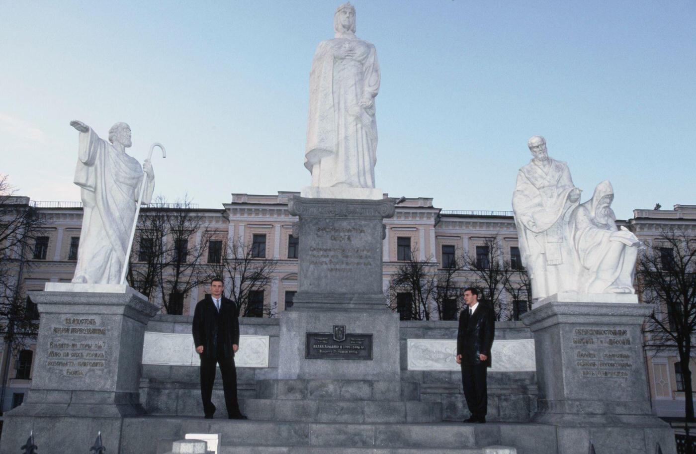 #51 The Klitschko Brothers Pose Next to Olga of Kiev Monument in Kyiv, 1998