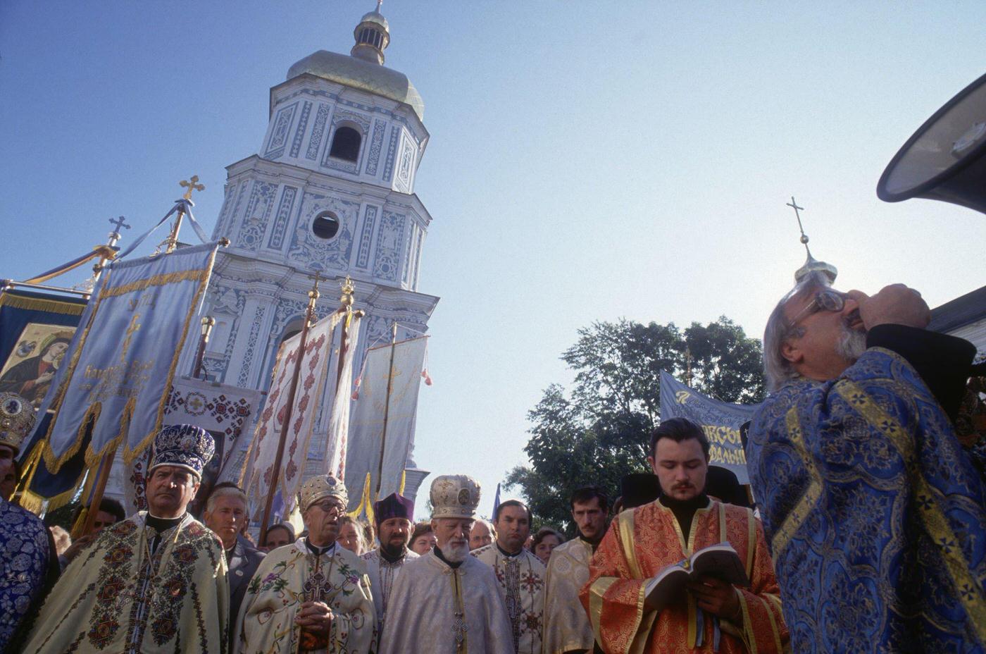 #69 Clergy members demonstrate to reopen St. Sophia Cathedral in Kiev following Ukrainian independence, 1991.