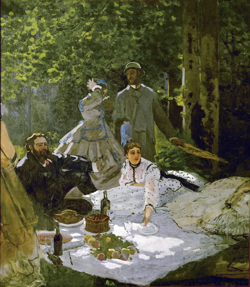 #7 Le déjeuner sur l’herbe (right section), 1865–1866, Paris, with Gustave Courbet, Frédéric Bazille and Camille Doncieux, first wife of the artist, Musée d’Orsay.