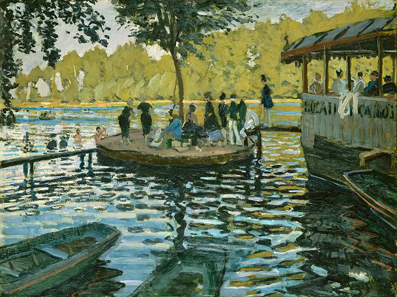 #9 La Grenouillére 1869, Metropolitan Museum of Art, New York; a small plein-air painting created with broad strokes of intense colour.