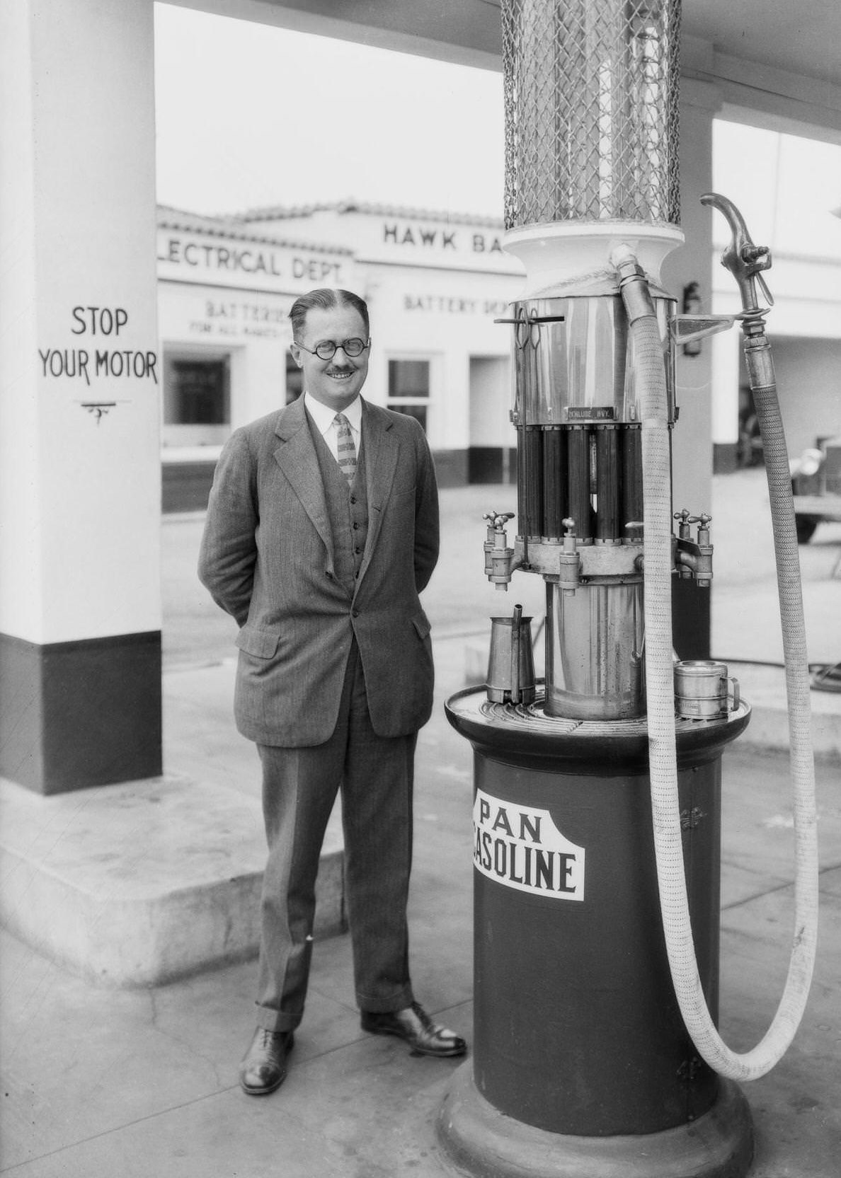 #1 Mr. Crary at Pan American service station on North Vermont Avenue, Los Angeles, 1925.
