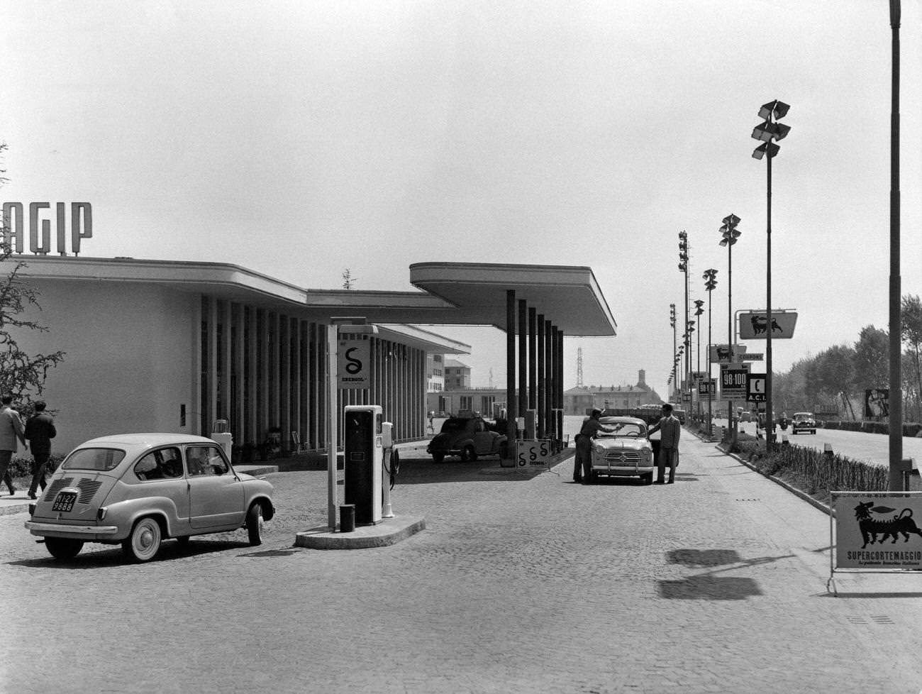 #21 Agip petrol station with pumps and bar in San Donato Milanese, 1950s.
